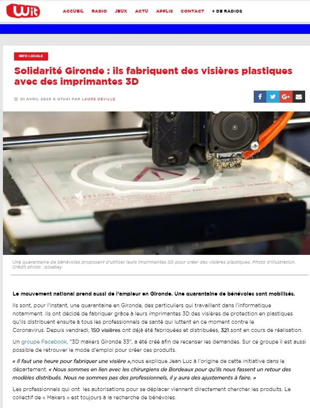 Article : Solidarité Gironde, ils fabriquent des visières avec des imprimantes 3D