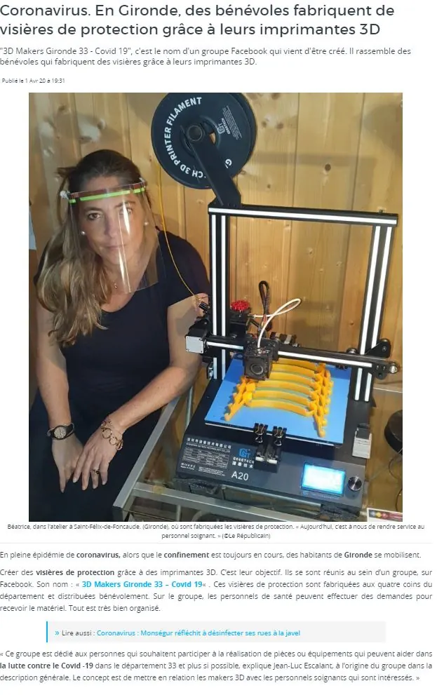 Article : en Gironde, des bénévoles fabriquent des visières avec leurs imprimantes 3D